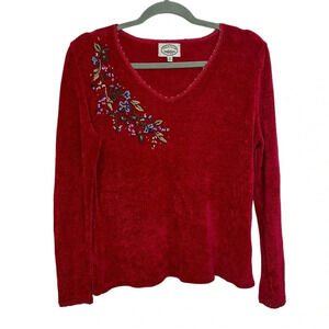 Carolyn Taylor Red Vintage Floral Embroidered Beaded Sweater